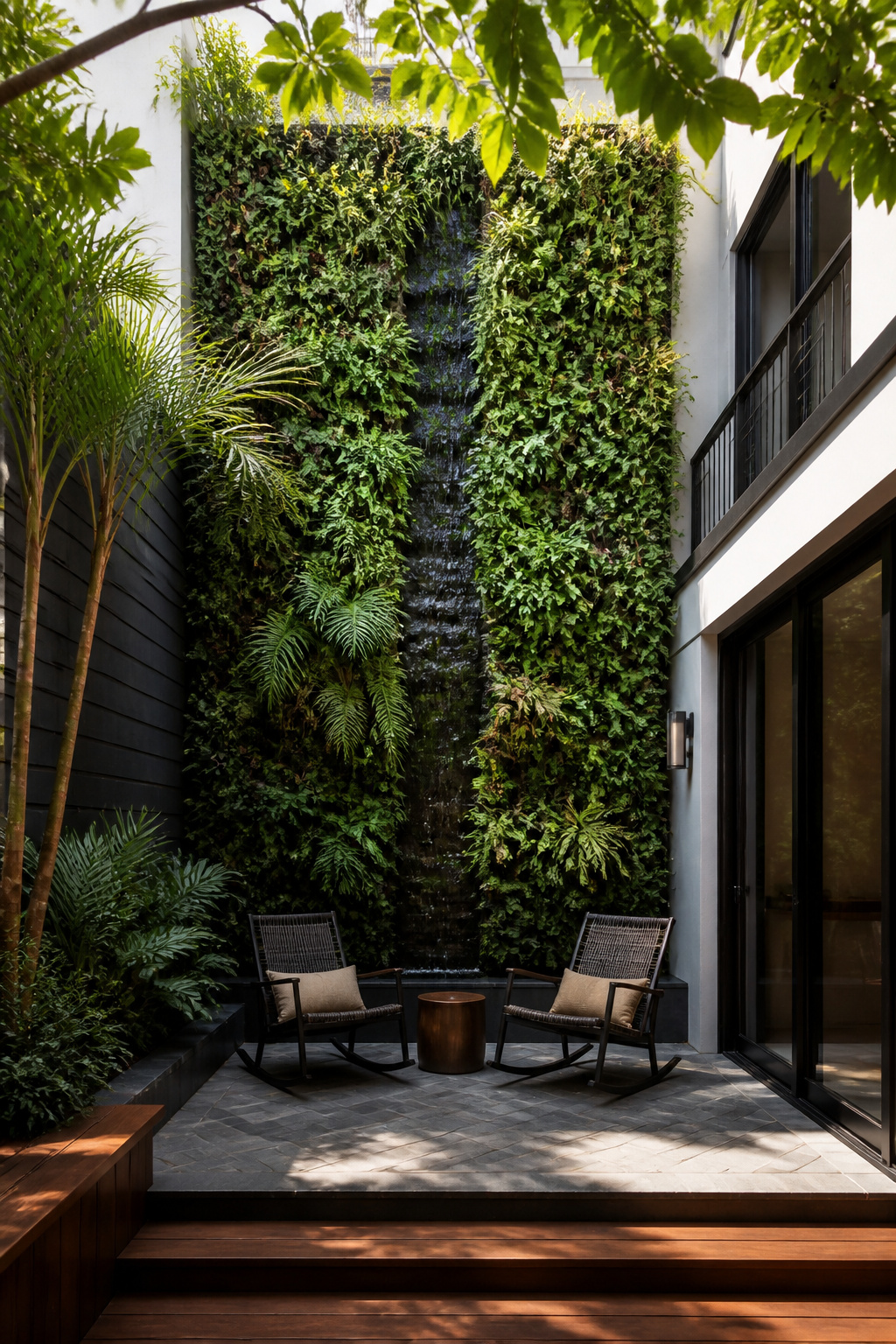 A vertical living wall with small plants.