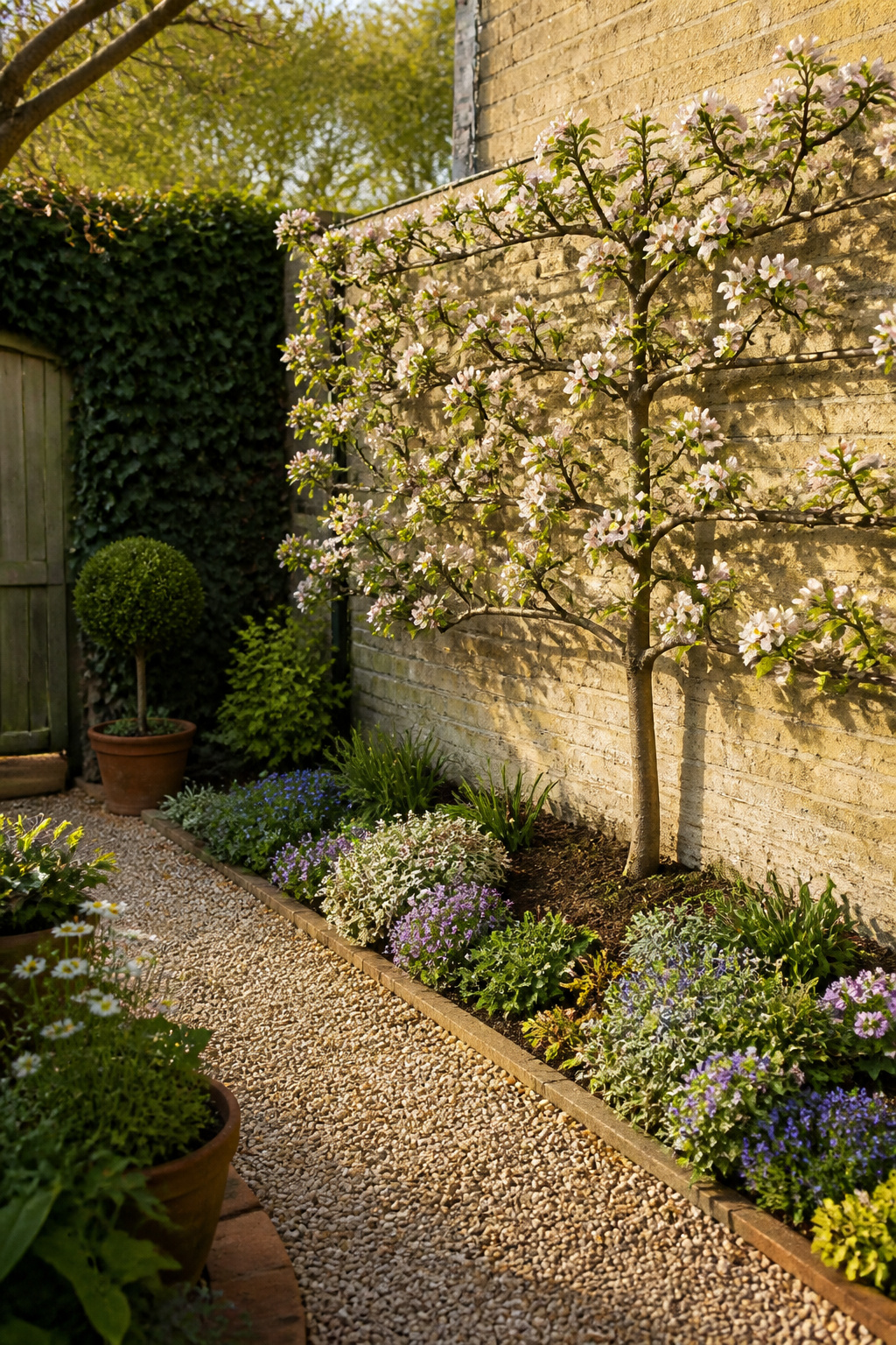 Espalier fruit trees trained against a wall.