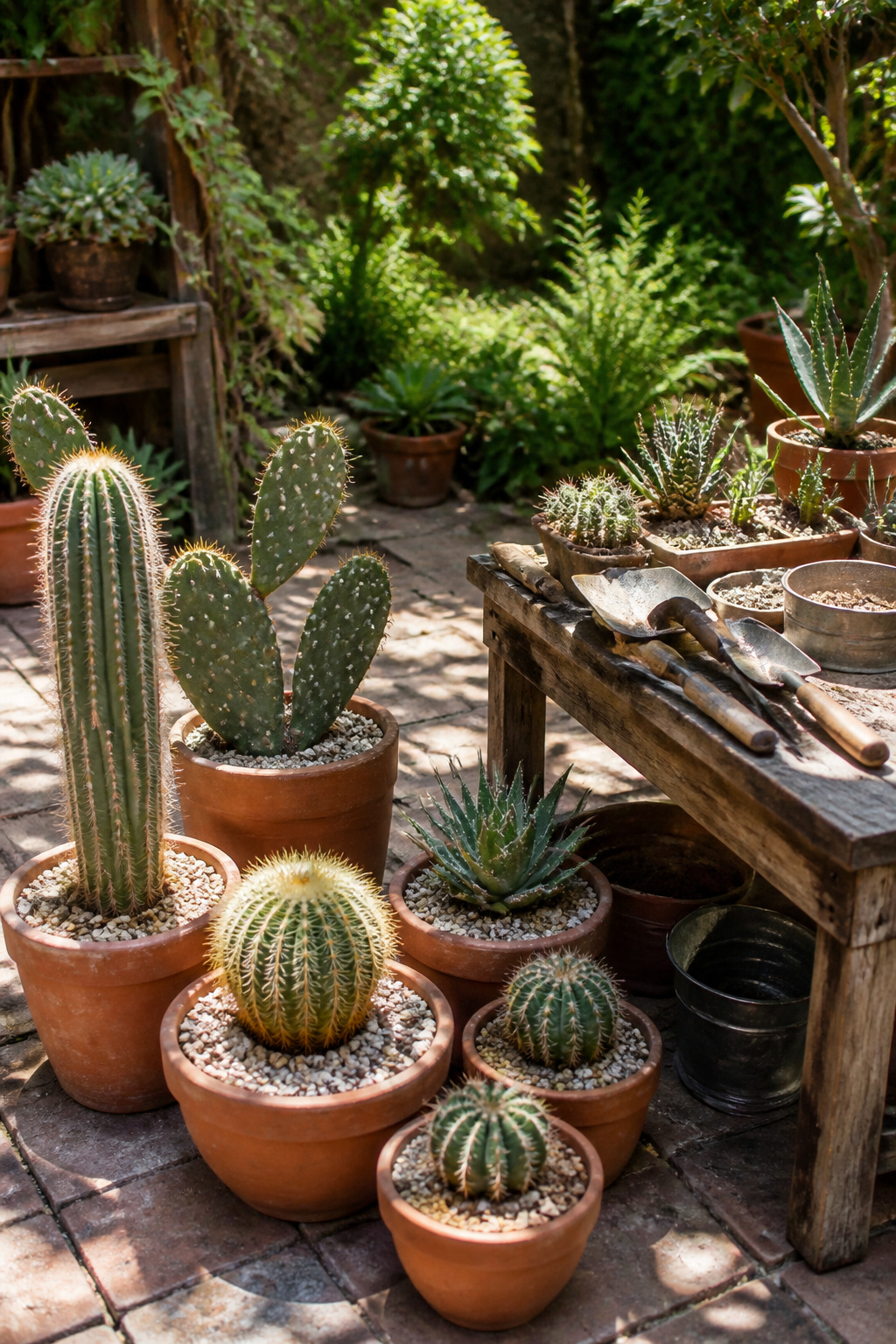 Potted cacti on a sunlit patio with gardening tools nearby.