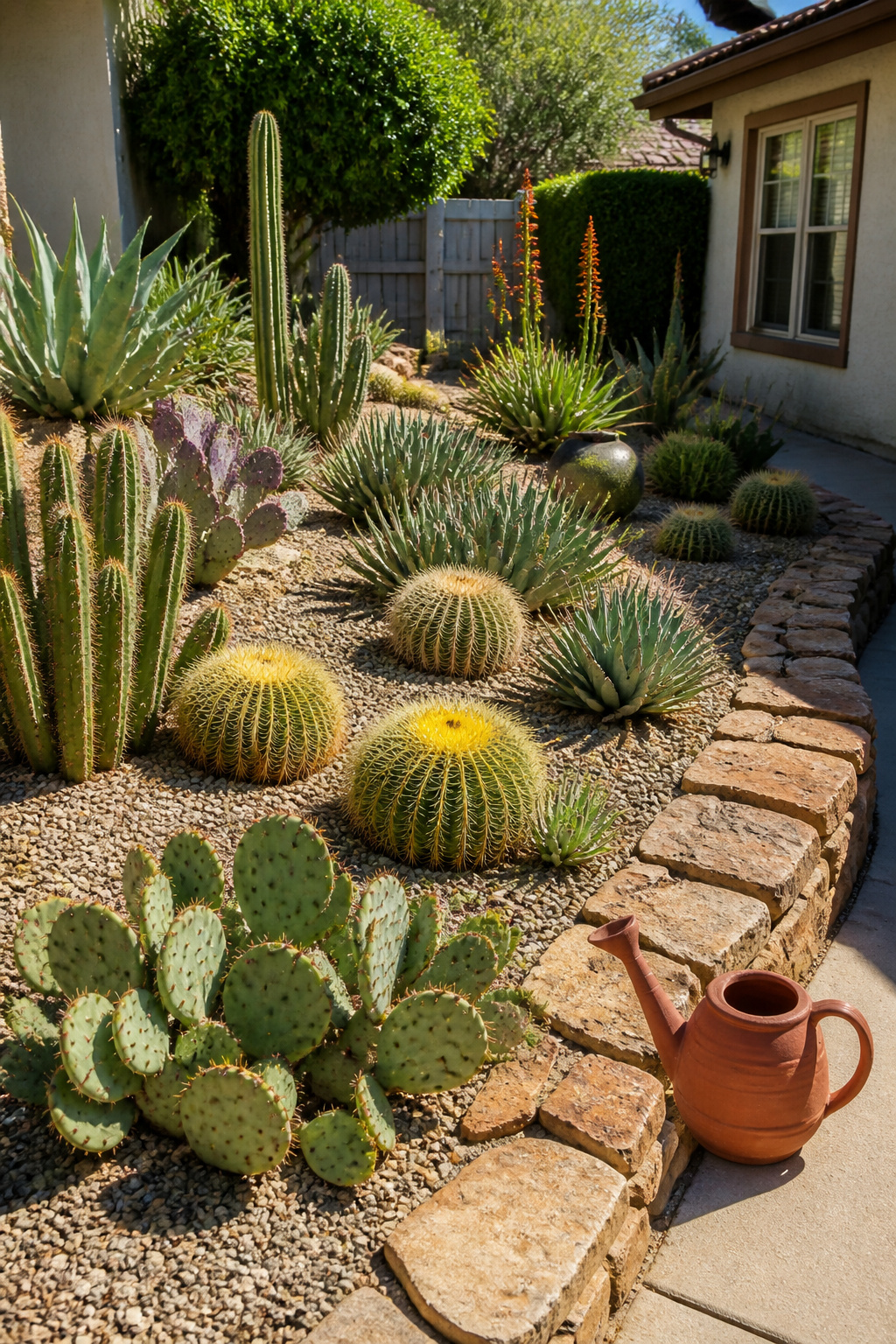 A suburban cactus garden with different cacti and a rustic watering can.