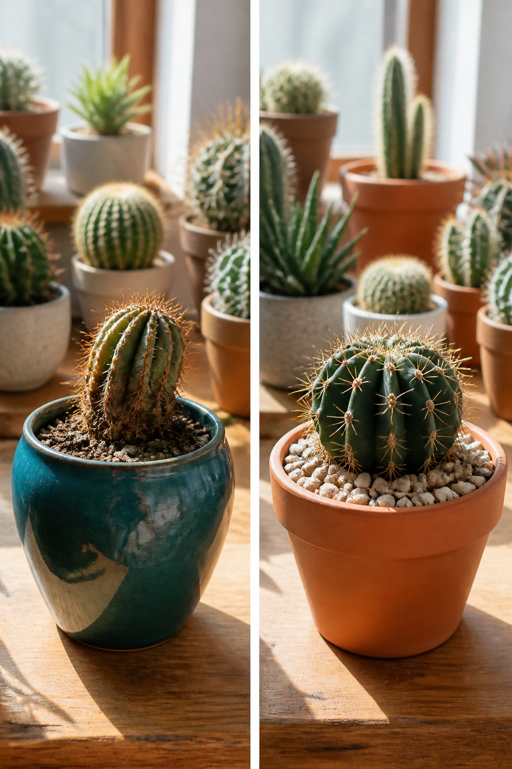 A cactus in a pot with no drainage, showing signs of poor care.