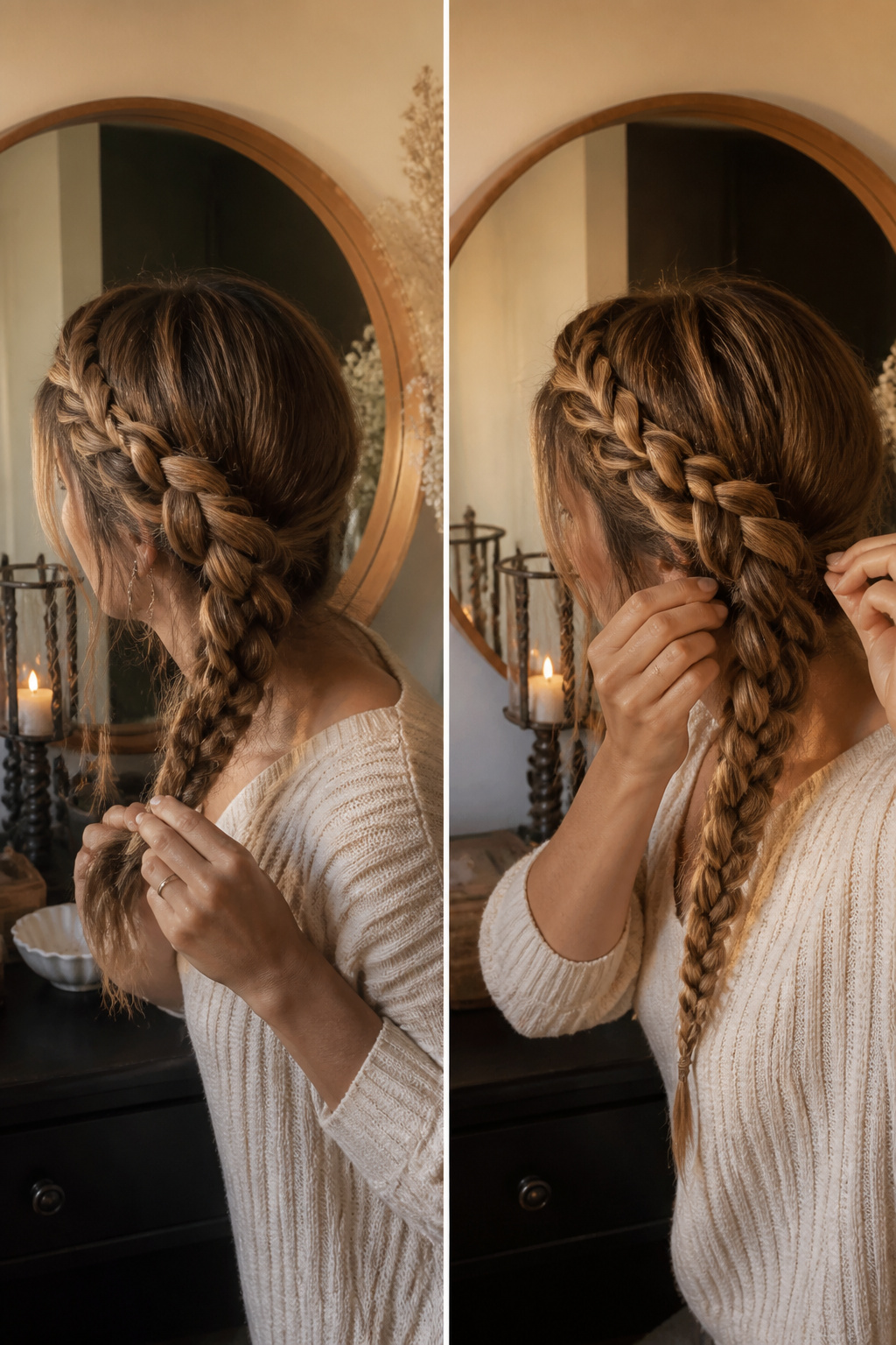 A woman adjusting the tension of her braid.