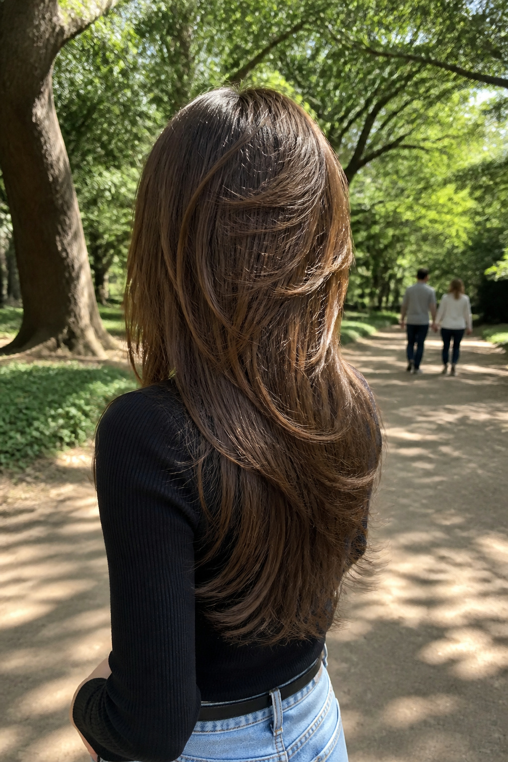 Model showcasing A-silhouette haircut with bangs.