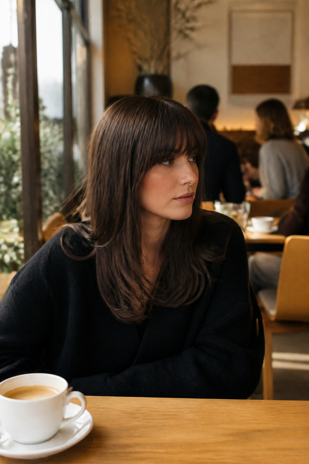 Model with eyebrow-grazing bangs in a café.