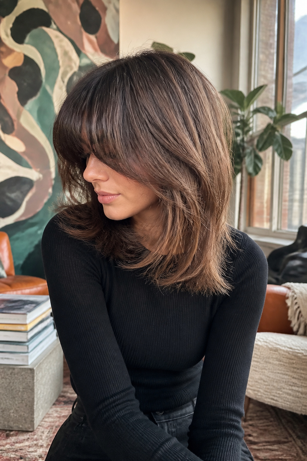 Model with thick Bardot bangs in a salon.