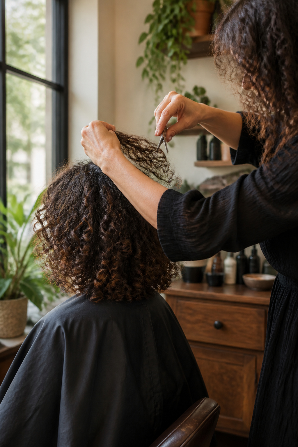 A stylist performing a dry cut on a client with curly hair.
