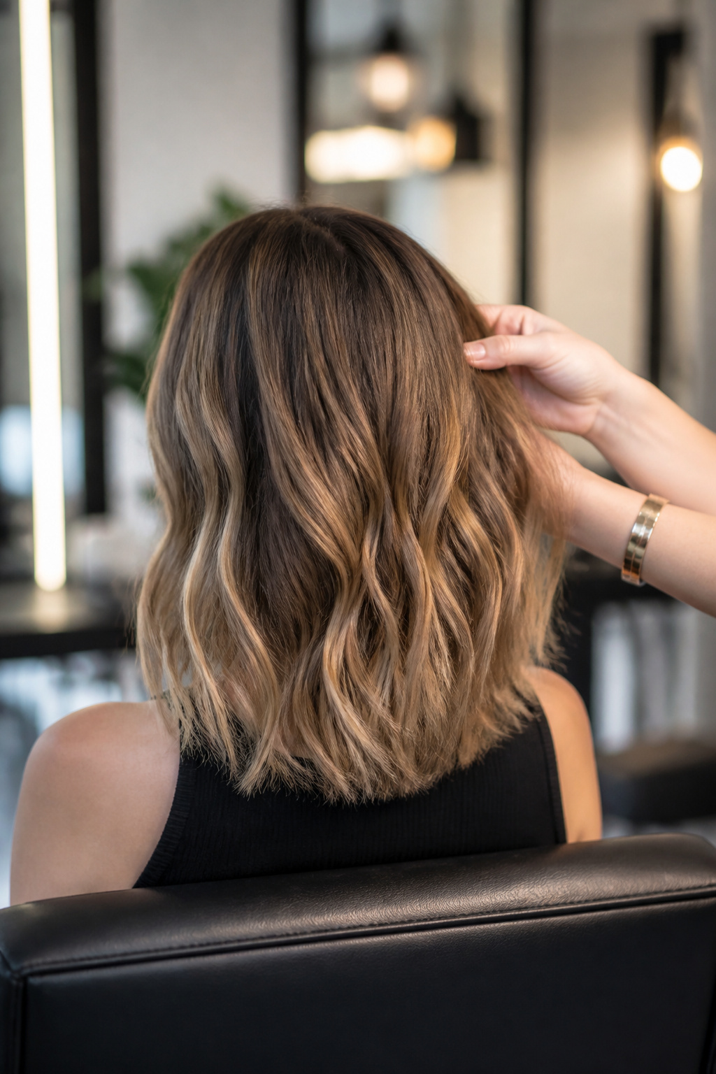 A model with a highlighted lob hairstyle emphasizing dimensional color.