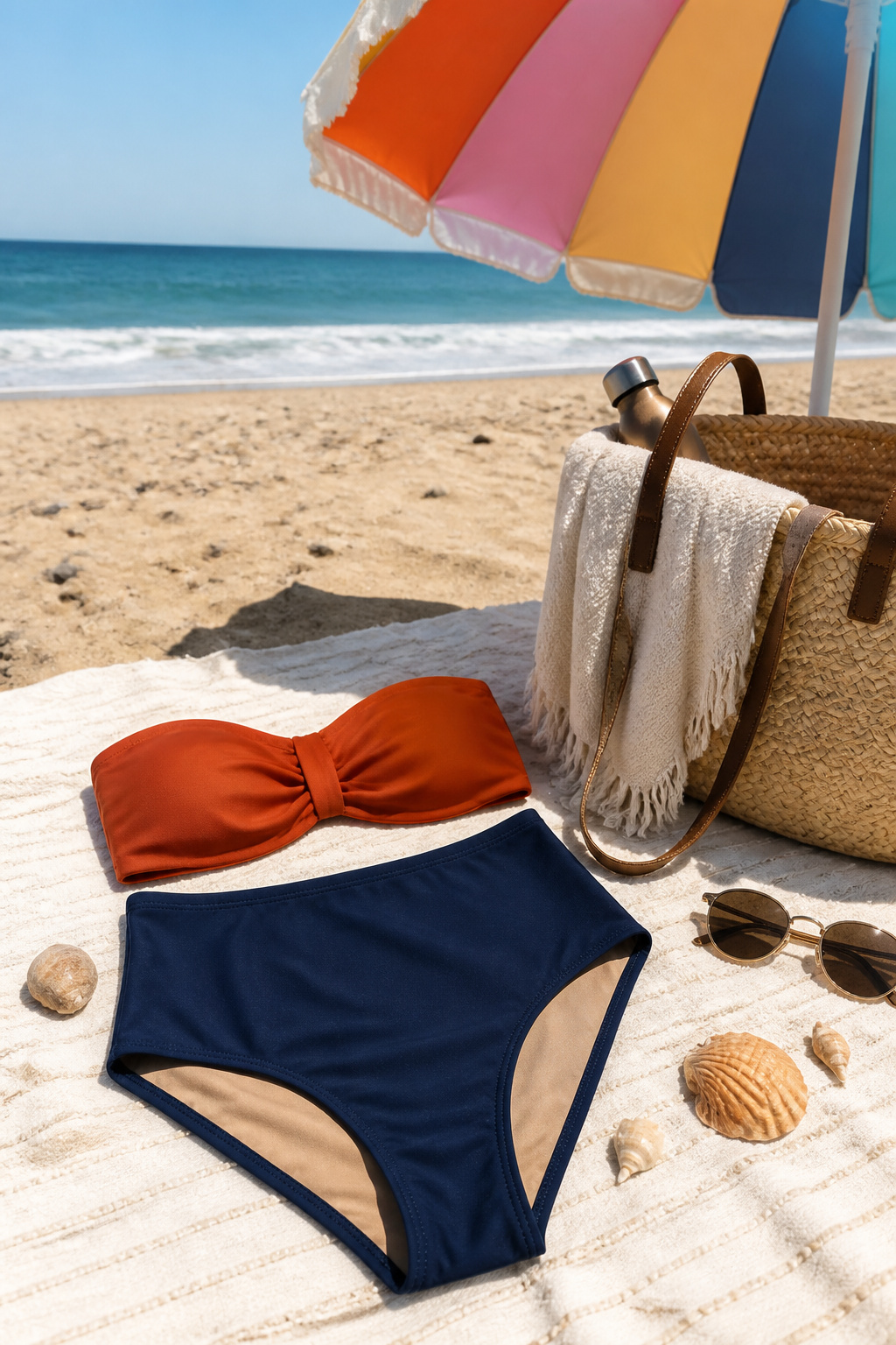 A rust bandeau top and navy high-waisted bottoms on the sand.