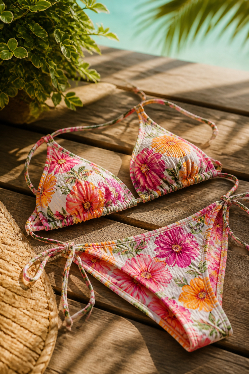 A close-up of a floral bikini displayed on a sun-kissed deck.
