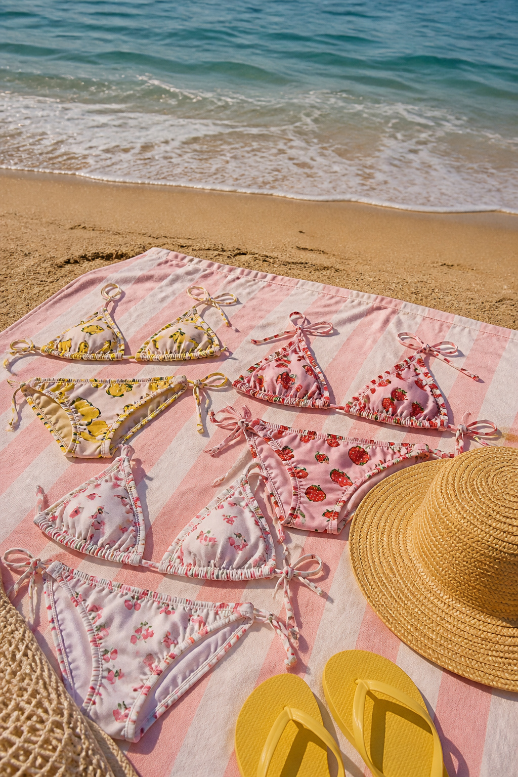 Bikini sets with fruit prints displayed on a beach towel.
