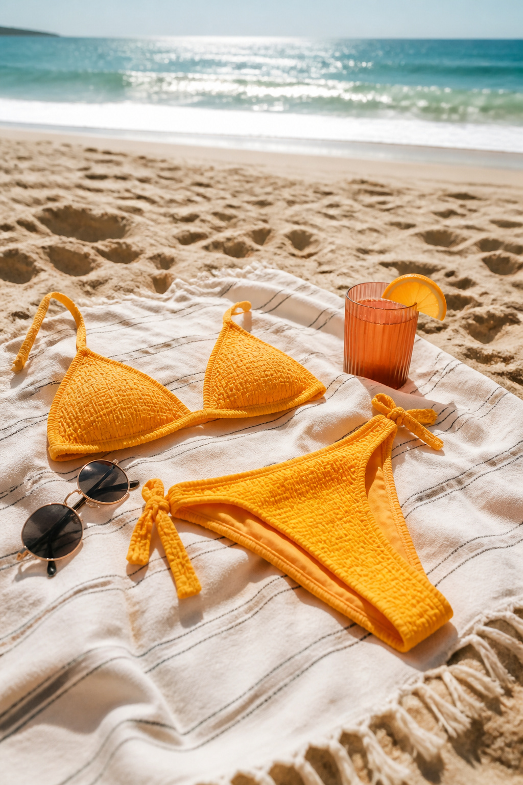 Affordable Swimwear: 12 Brands With Cheap Suits for 2026 7 A marigold two-piece bikini set on a beach towel.