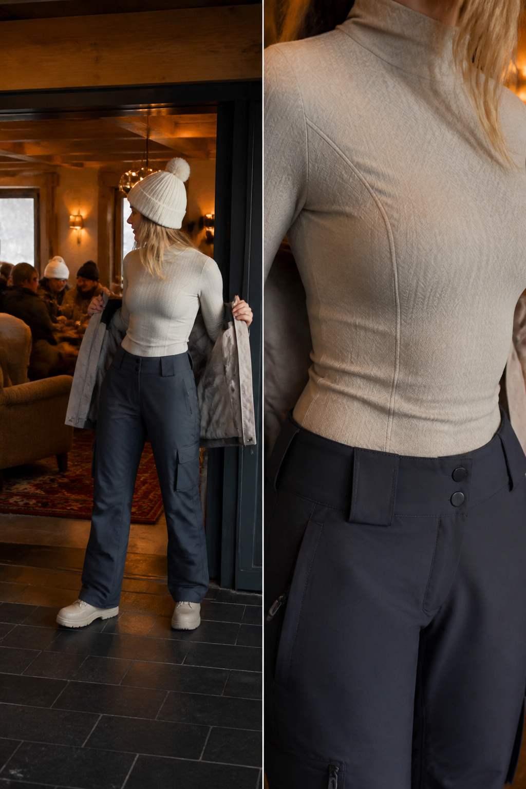 Après Ski Outfits: A Guide to Off-Slope Style 6 Model showing layered outfit for transitioning from ski gear.