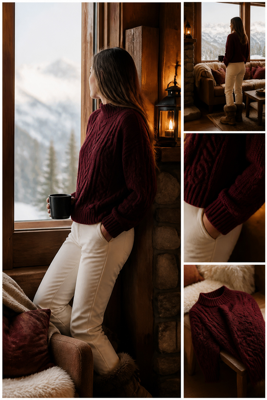 Après Ski Outfits: A Guide to Off-Slope Style 7 Colorful cable-knit sweater displayed in a cozy lodge atmosphere.