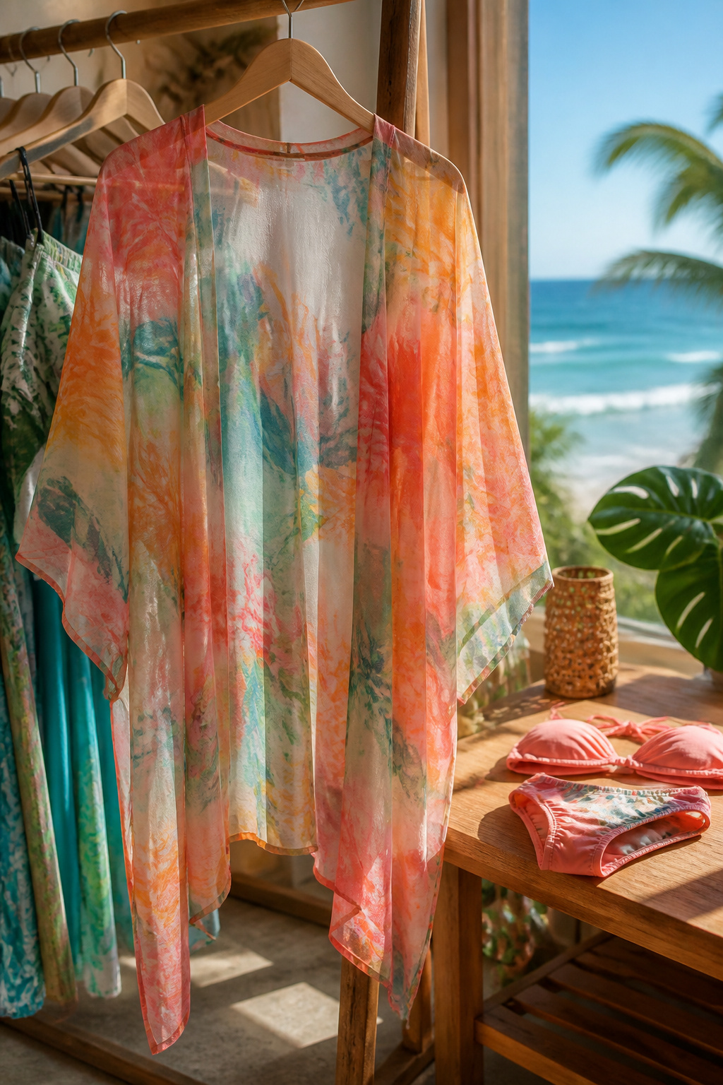 A colorful, airy cover-up hanging in a beach boutique.