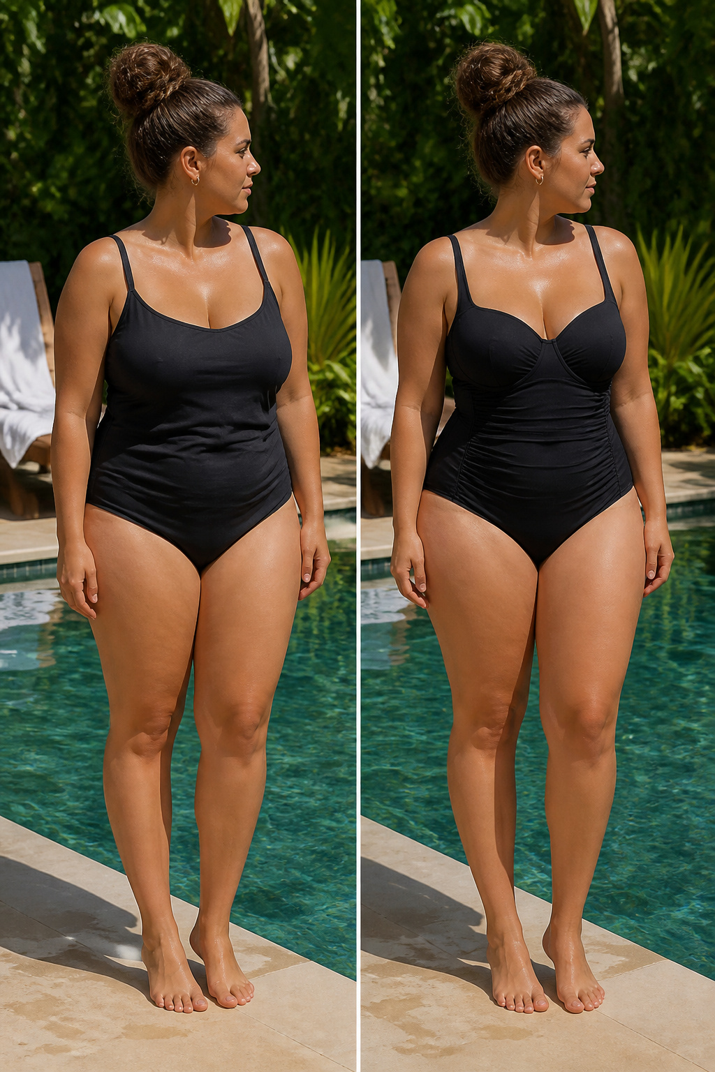 An image illustrating flattering bathing suit silhouettes for body types.