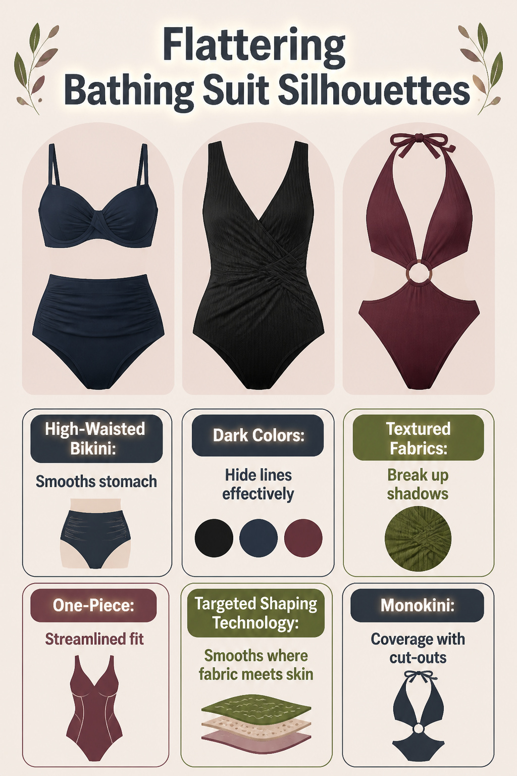 A visual guide to different flattering swimsuit styles.