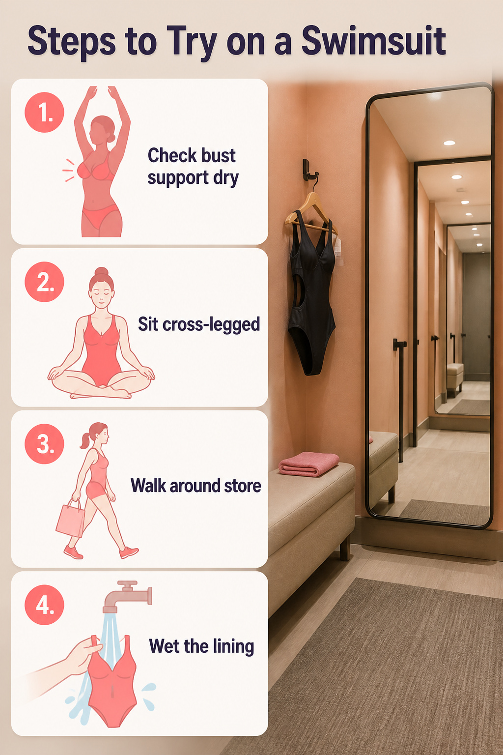 An instructional image detailing how to try on a swimsuit.