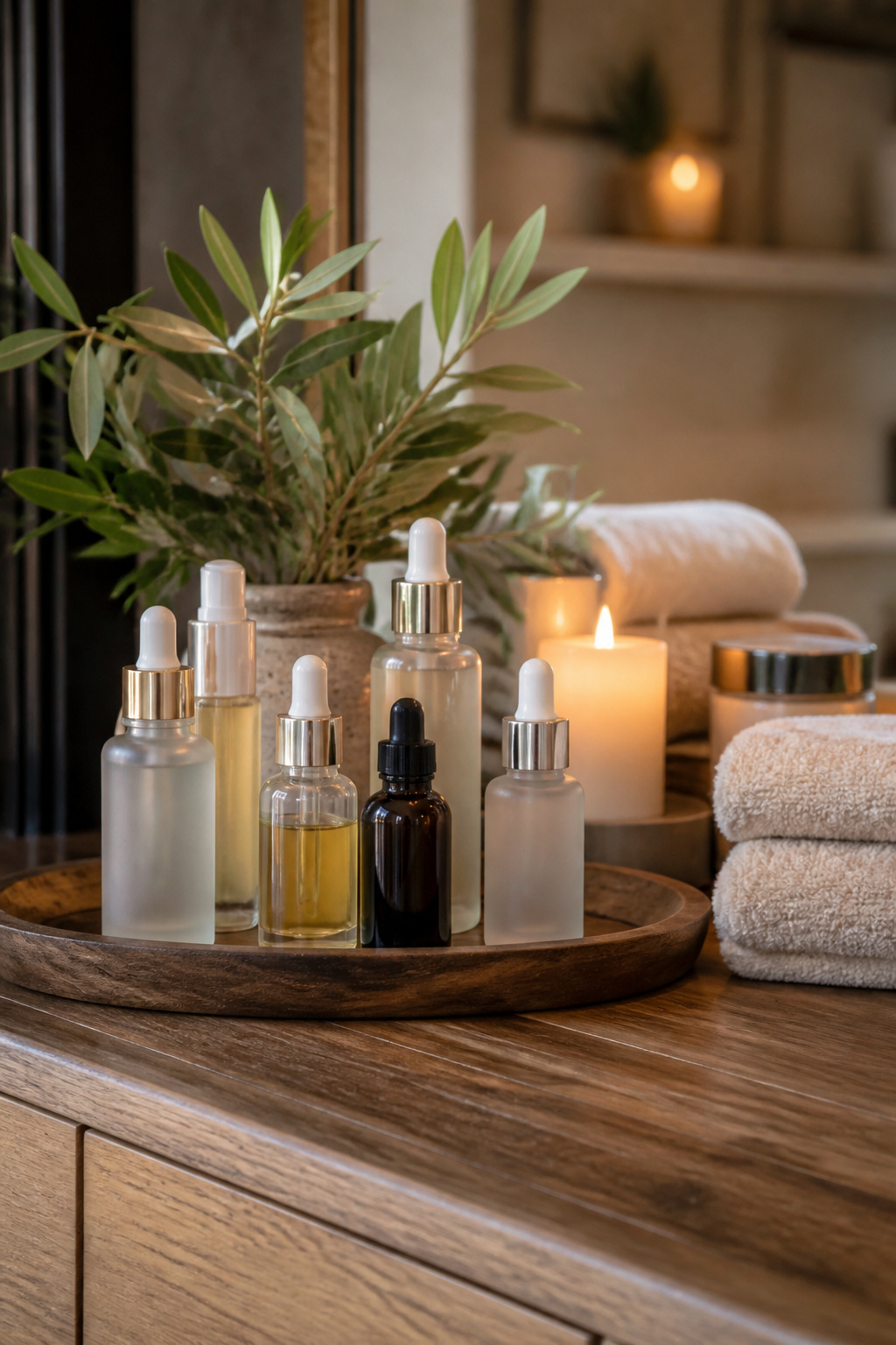A collection of luxury serum bottles on a wooden vanity.