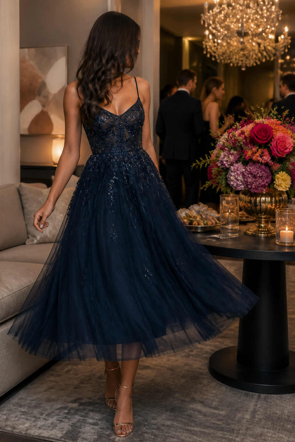 Birthday Outfits: 15 Styles to Wear in 2026 4 An embellished midi dress worn at a birthday gathering.