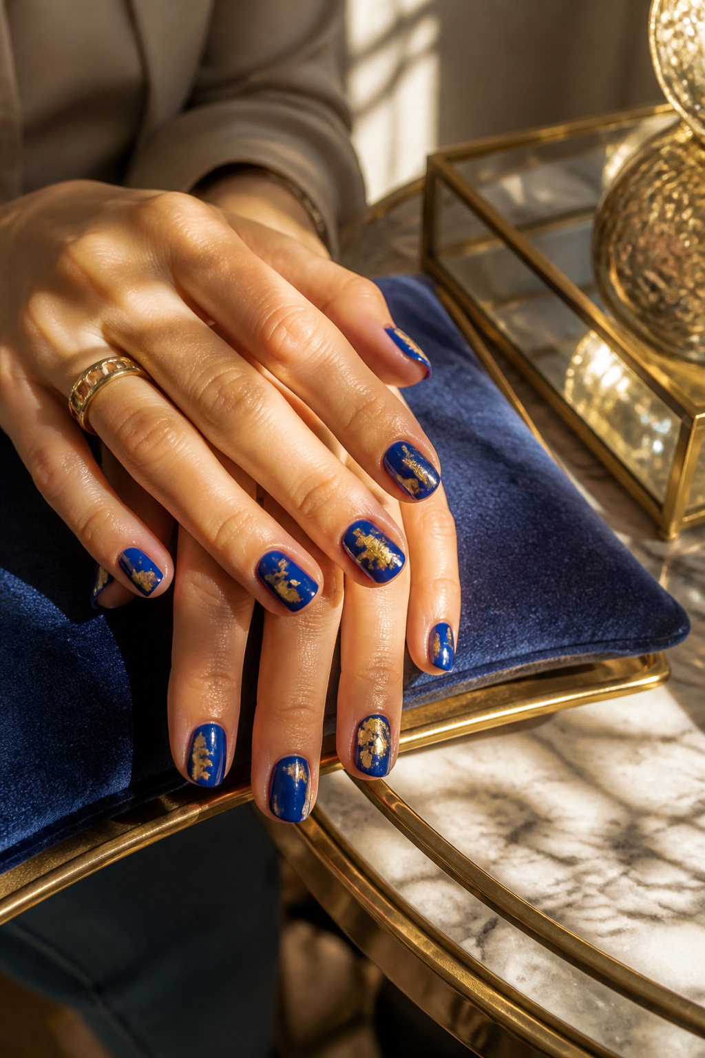 15 Blue Nail Ideas for 2026: Cobalt, Baby, Navy & More 10 Nails with cobalt polish and gold foil accents.