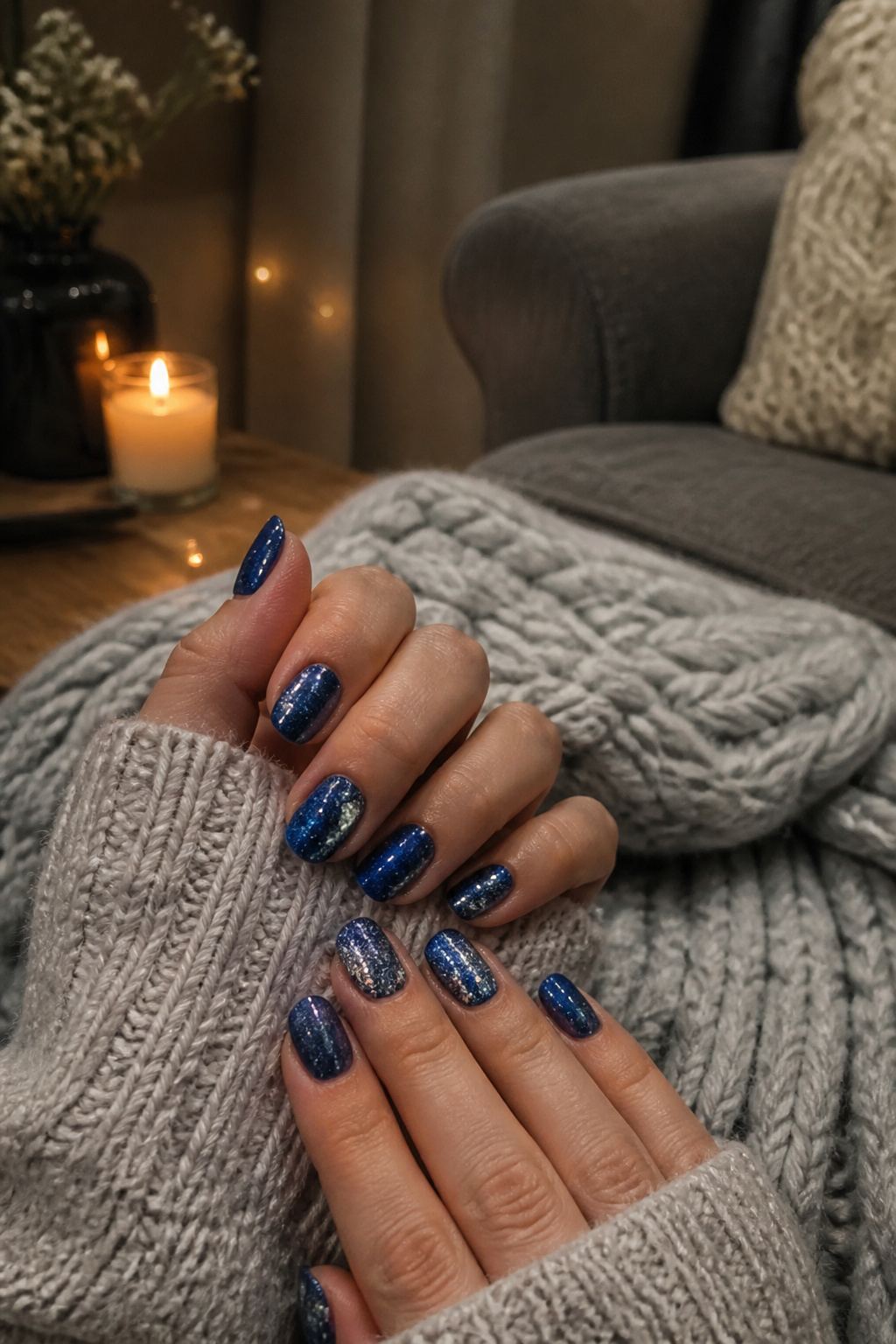 15 Blue Nail Ideas for 2026: Cobalt, Baby, Navy & More 11 Sapphire blue nails adorned with silver glitter.