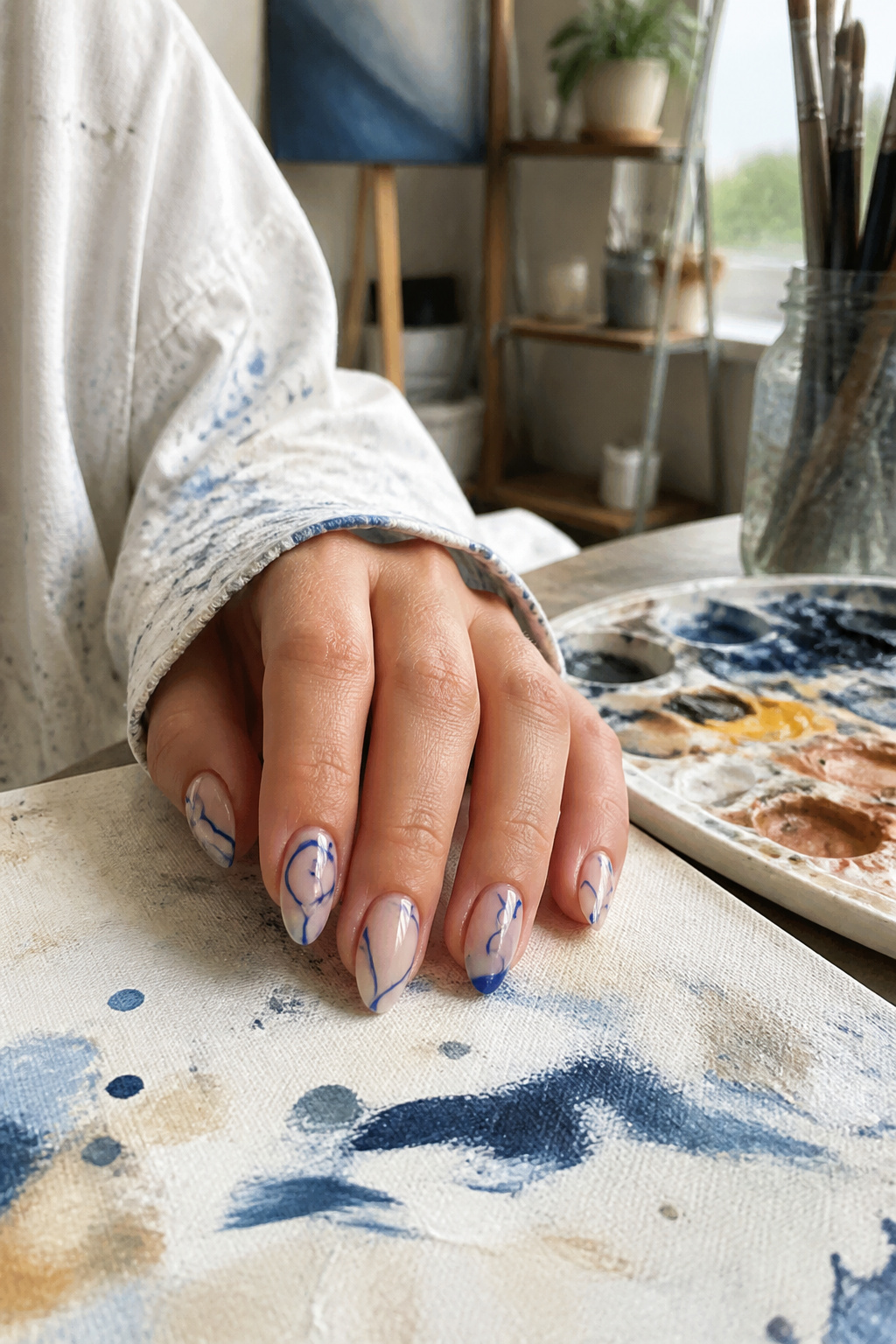 15 Blue Nail Ideas for 2026: Cobalt, Baby, Navy & More 12 Nails with thin blue lines on a nude background.