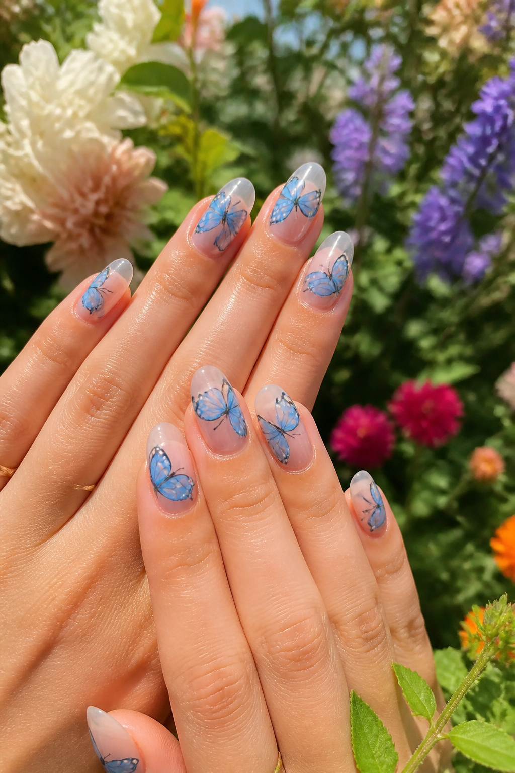 15 Blue Nail Ideas for 2026: Cobalt, Baby, Navy & More 13 Nail art featuring blue butterfly designs.