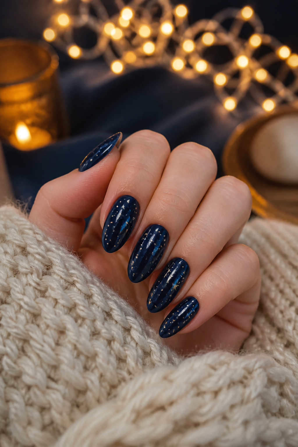15 Blue Nail Ideas for 2026: Cobalt, Baby, Navy & More 14 Nails painted with scattered stars on a dark blue background.