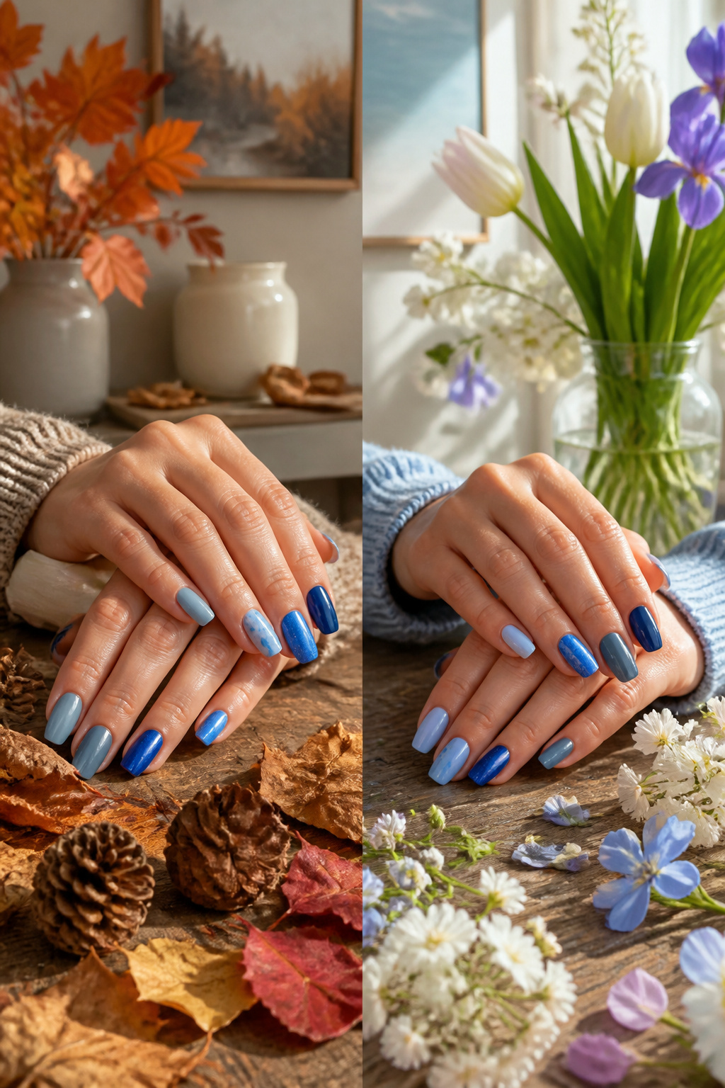15 Blue Nail Ideas for 2026: Cobalt, Baby, Navy & More 16 Nails painted in various blue shades representing different seasons.
