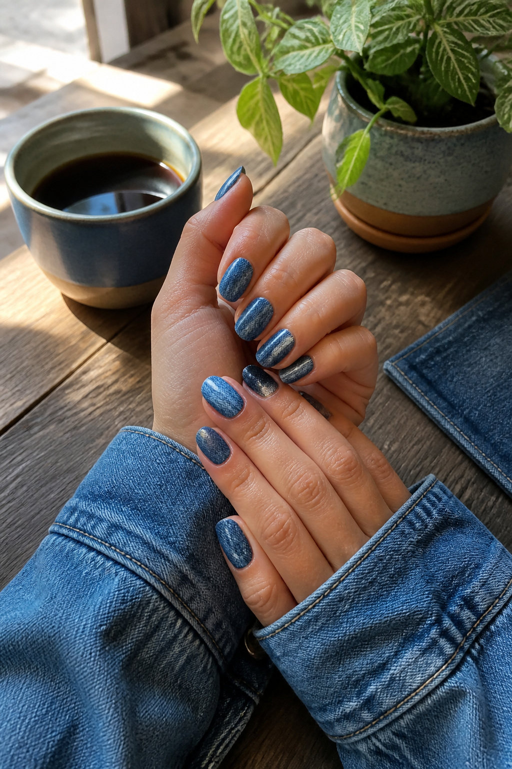 15 Blue Nail Ideas for 2026: Cobalt, Baby, Navy & More 5 Denim blue nails with a smooth texture.