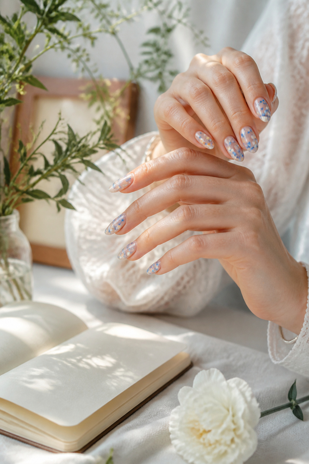 15 Blue Nail Ideas for 2026: Cobalt, Baby, Navy & More 8 Nail art featuring blue flowers on a sheer background.