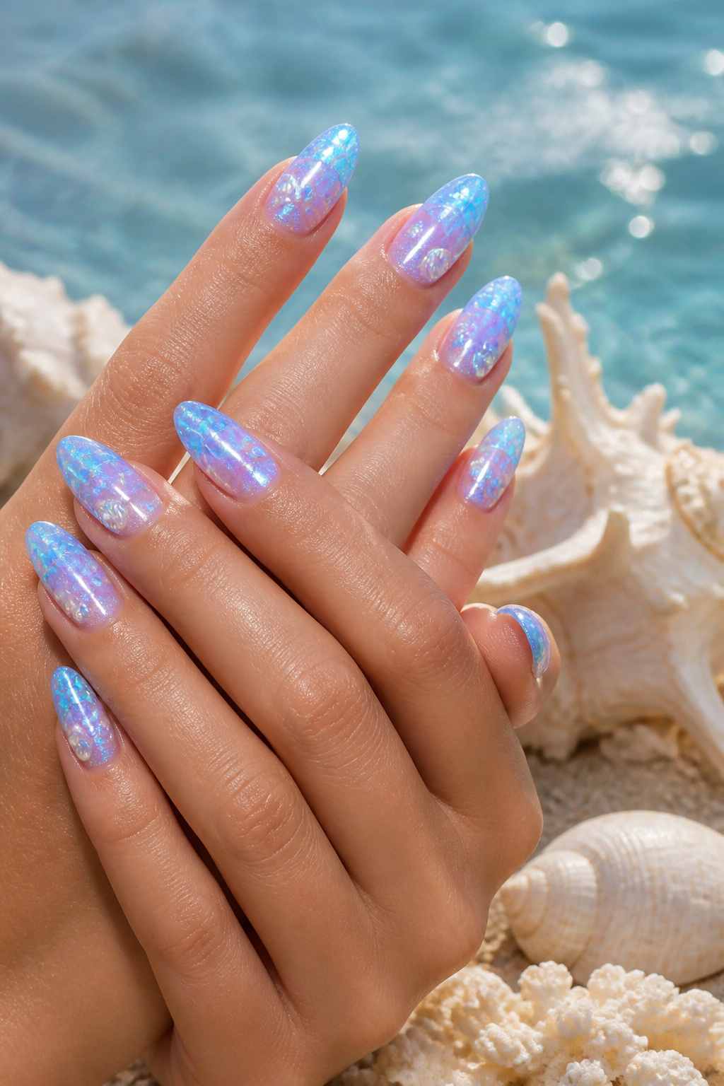 15 Blue Nail Ideas for 2026: Cobalt, Baby, Navy & More 9 Nails with a holographic base featuring blue-violet undertones.