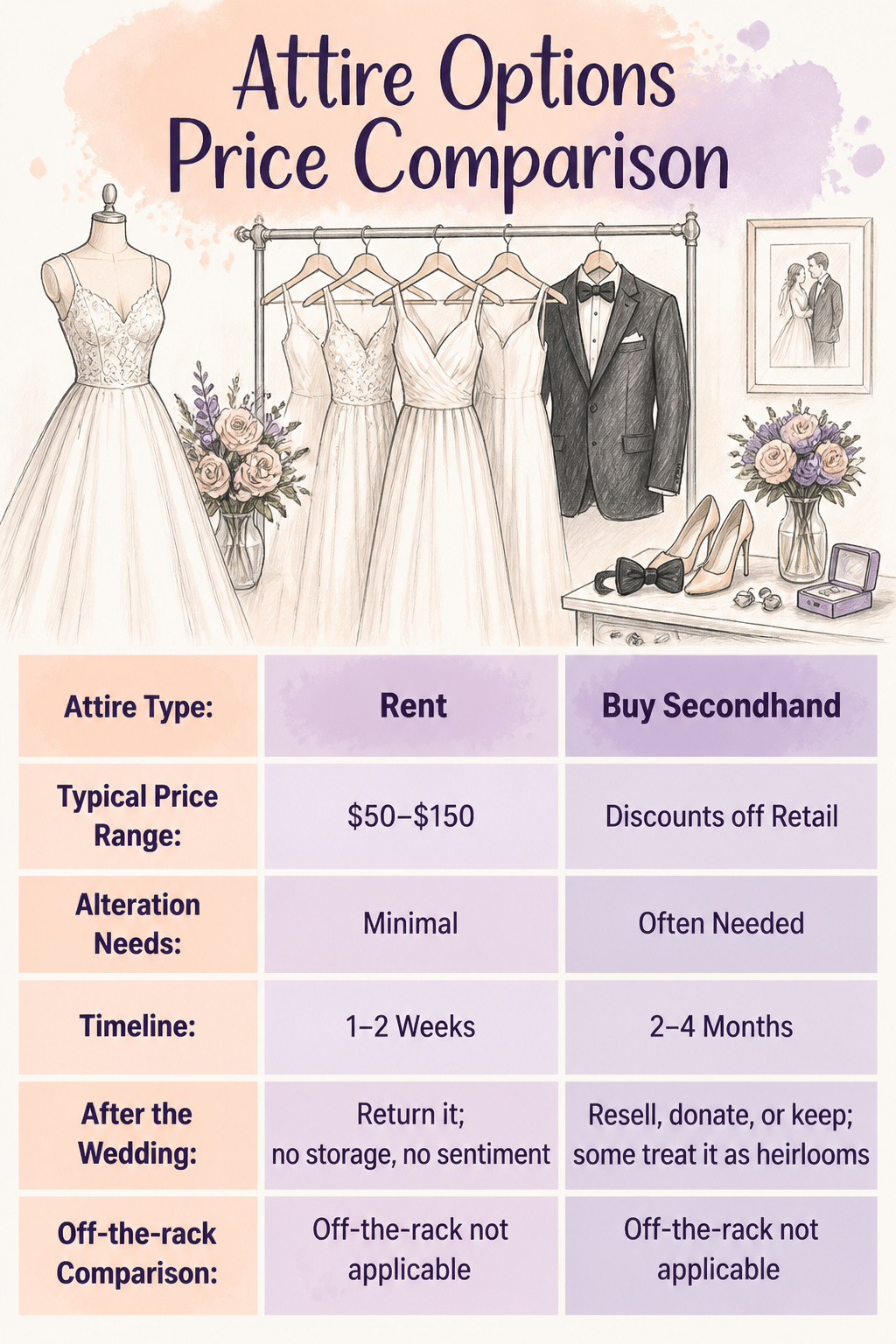 How to Plan a Budget Wedding in 2026: 10 Steps That Actually Work 12 A comparison chart of wedding attire options and their price ranges.