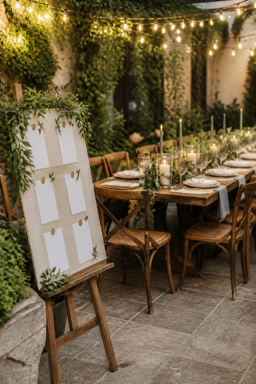 How to Plan a Budget Wedding in 2026: 10 Steps That Actually Work 3 A small wedding table setup with wooden chairs and a handwritten seating chart.
