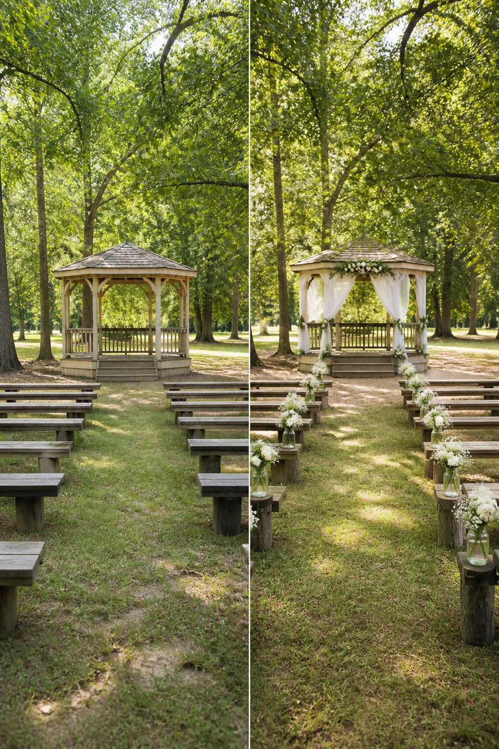 How to Plan a Budget Wedding in 2026: 10 Steps That Actually Work 4 An outdoor wedding venue with tables, chairs, and a scenic backdrop.