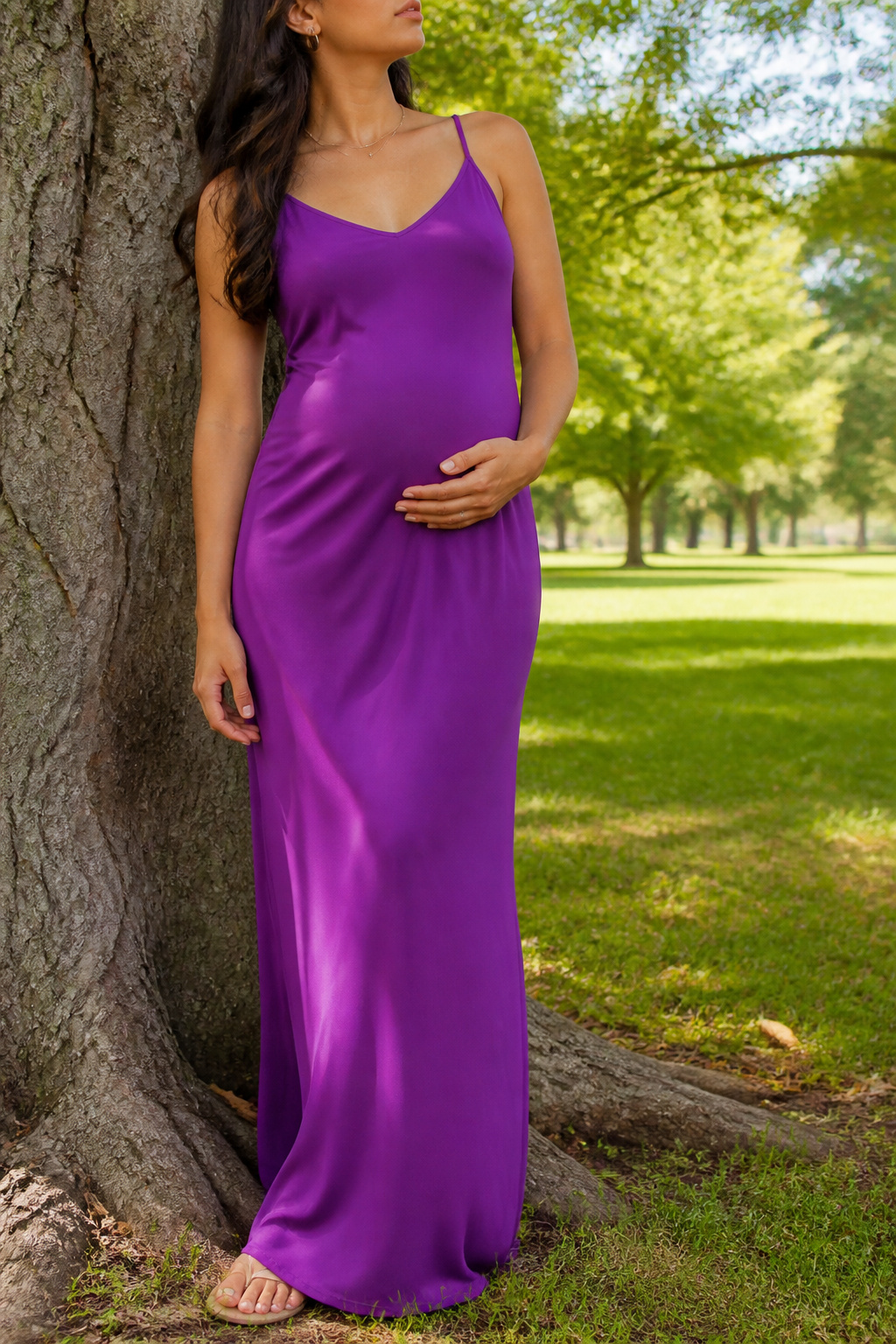 Model wearing the LOFT Crepe Maxi Slip Dress in purple.