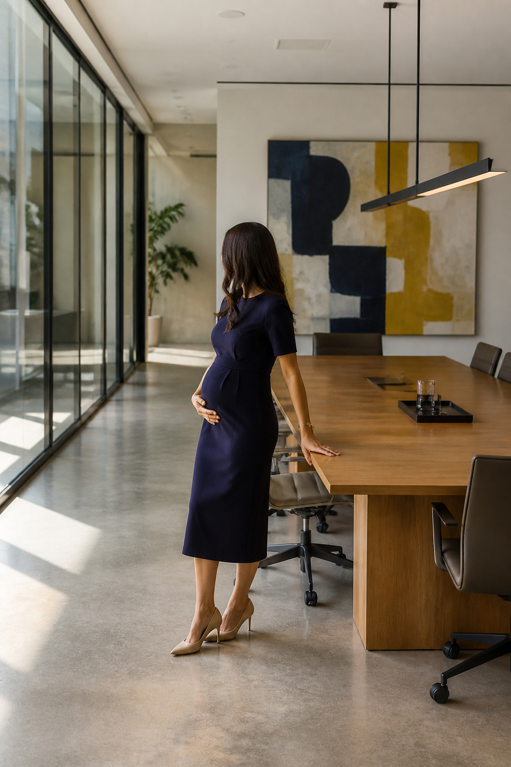 A model wearing a tailored dress in a professional office environment.