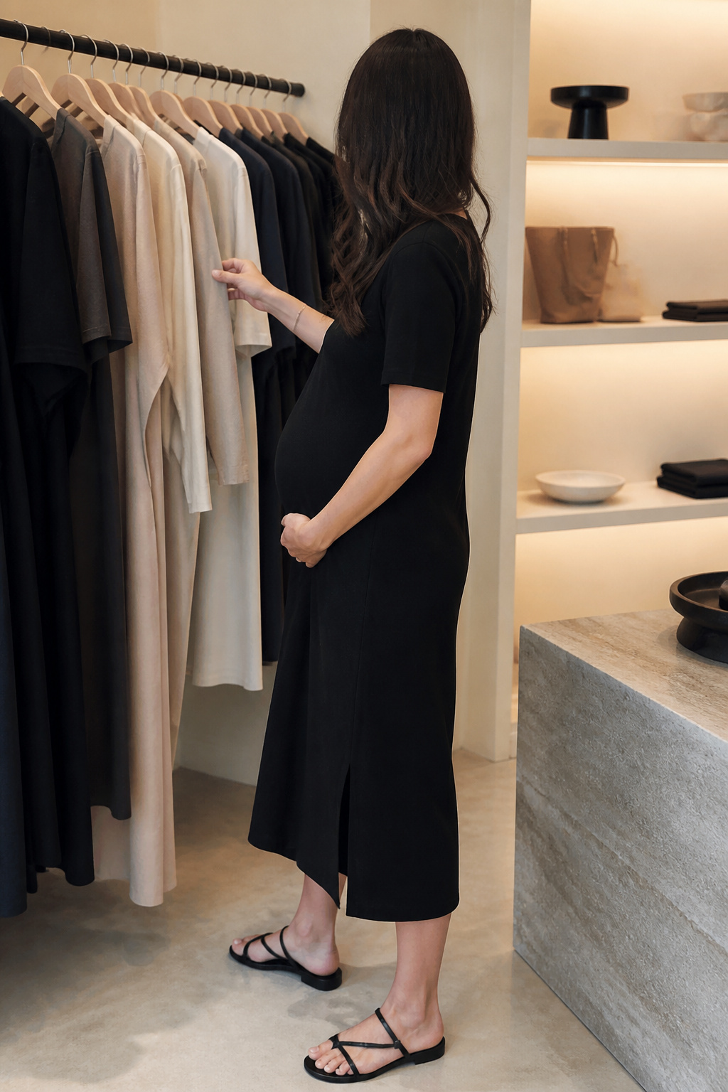 Model wearing the Toteme T-Shirt Dress in a chic boutique.