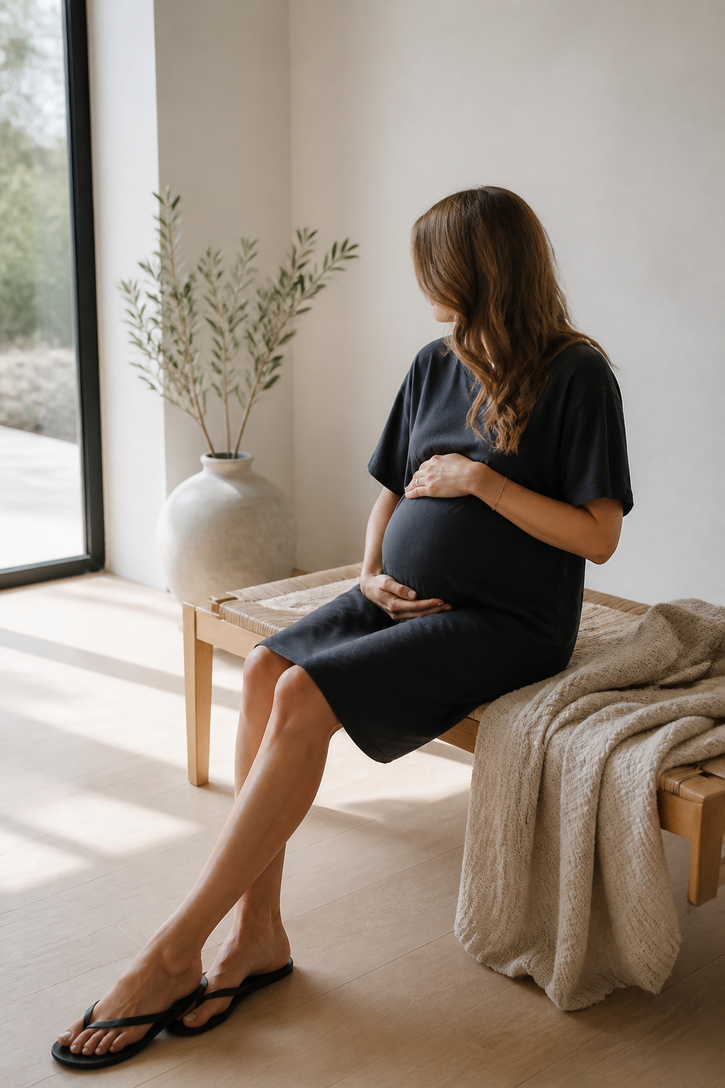 A model wearing a minimalist T-shirt dress in a serene space.
