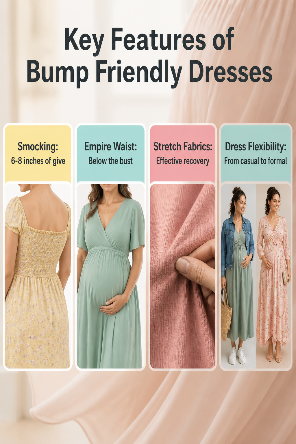 An infographic detailing the features of bump-friendly dresses.