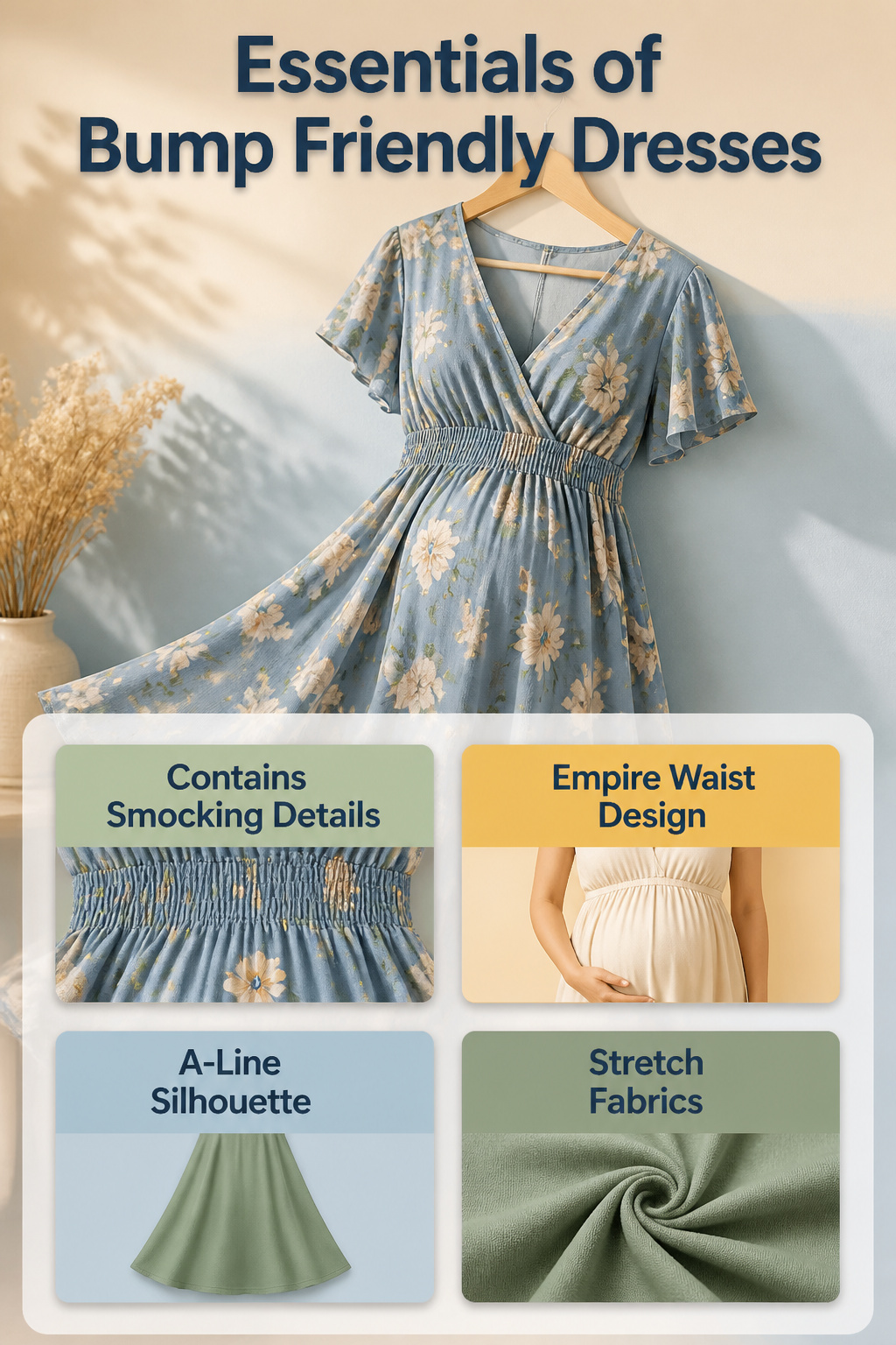 Graphic illustrating essentials of bump-friendly dresses.