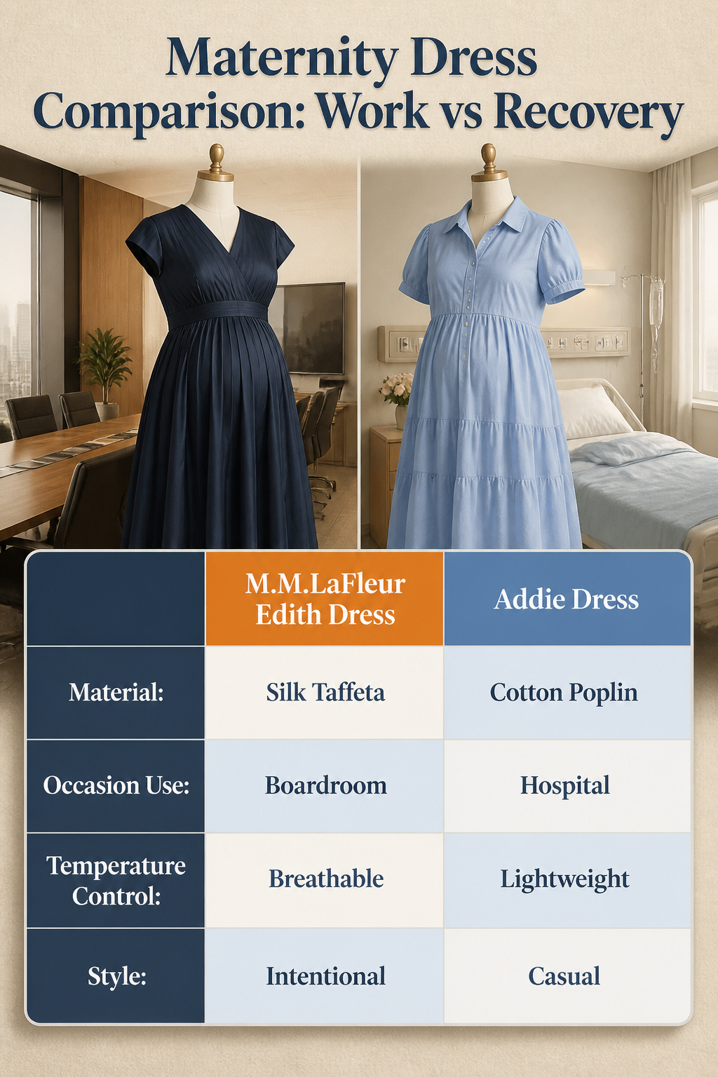 A comparison image of work and recovery maternity dresses.