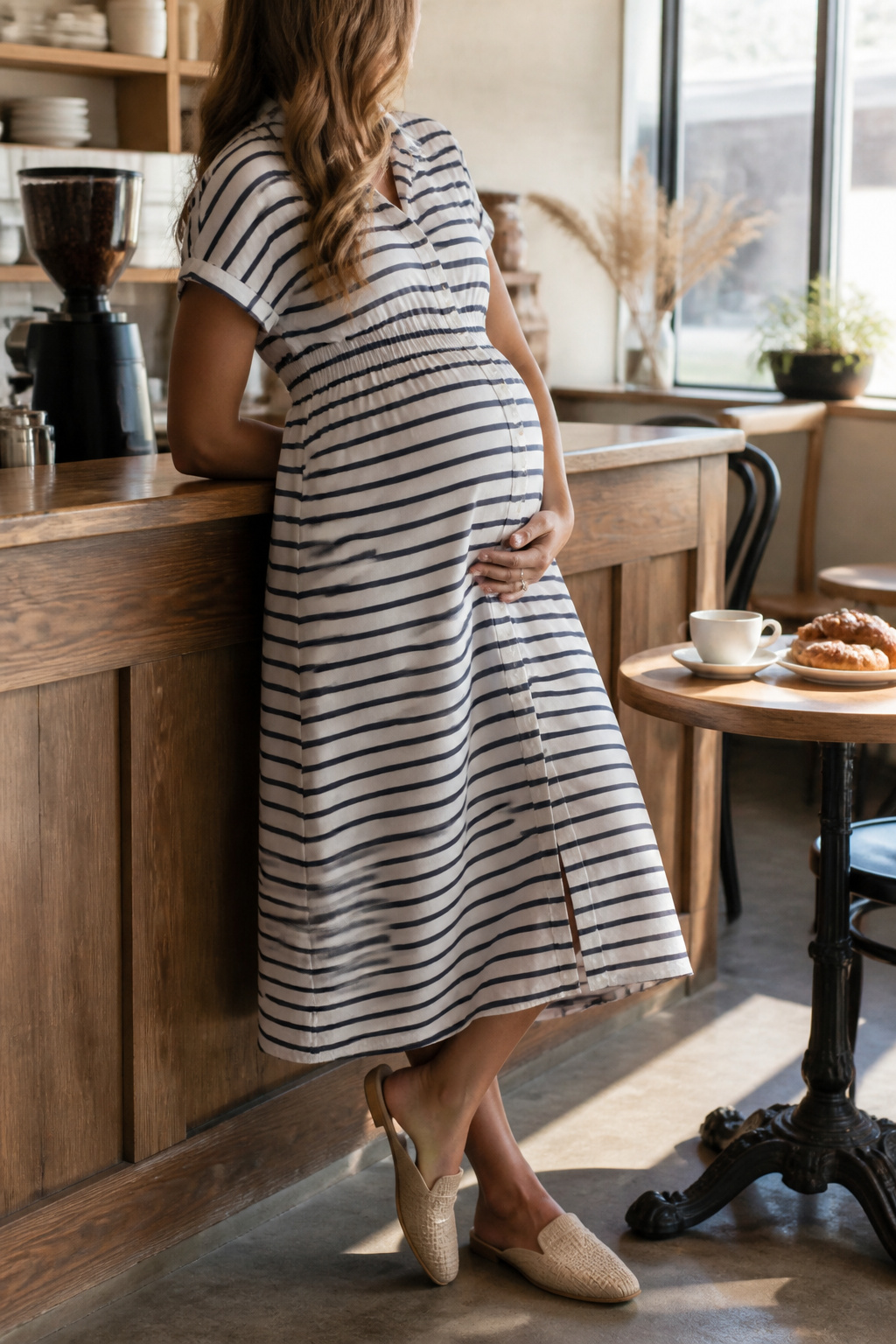 Model wearing the LOFT Stripe Smocked Waist Button Midi Dress in navy and white stripes.