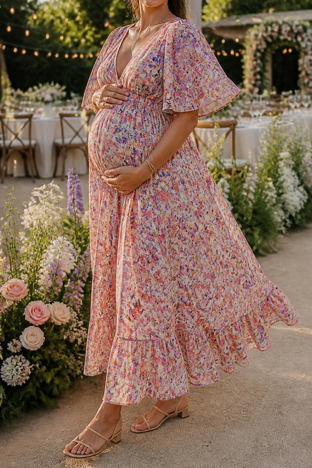 Model wearing the Show Me Your Mumu Deluca Dress at a wedding event.
