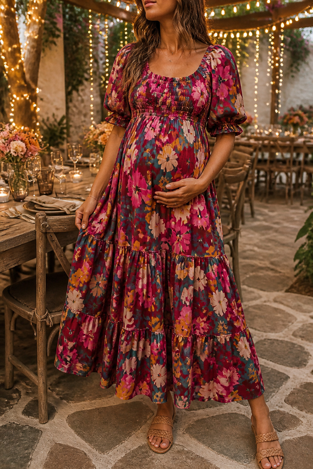 A model in a floral midi dress with puff sleeves outdoors.
