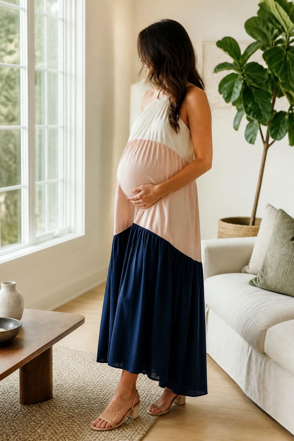 A model wearing a color-blocked midi dress in a bright living room.