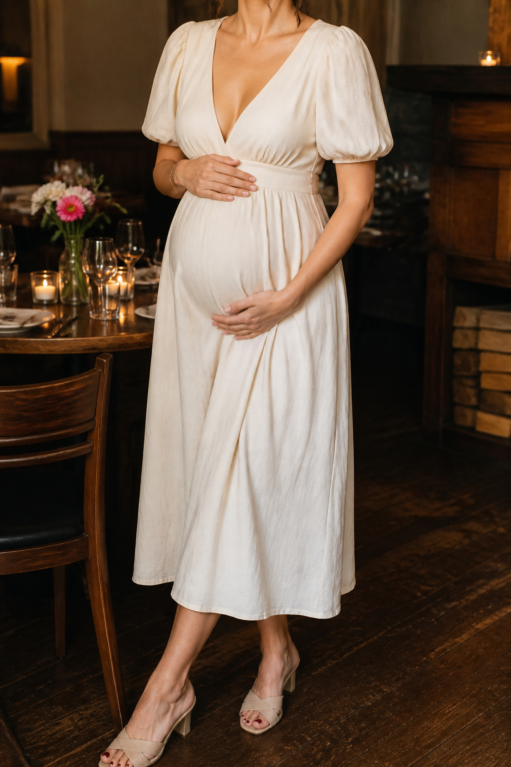 A model in a puff sleeve midi dress with a plunge neckline.