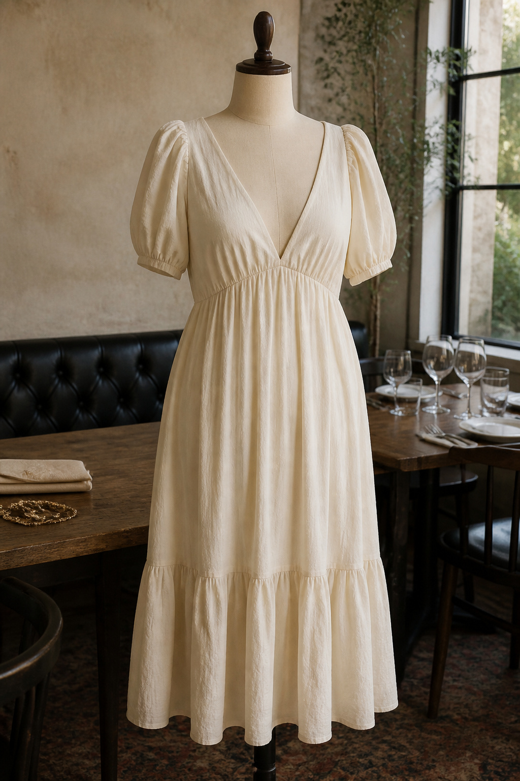 Model wearing Abercrombie & Fitch Puff Sleeve Plunge Midi Dress in a casual setting.