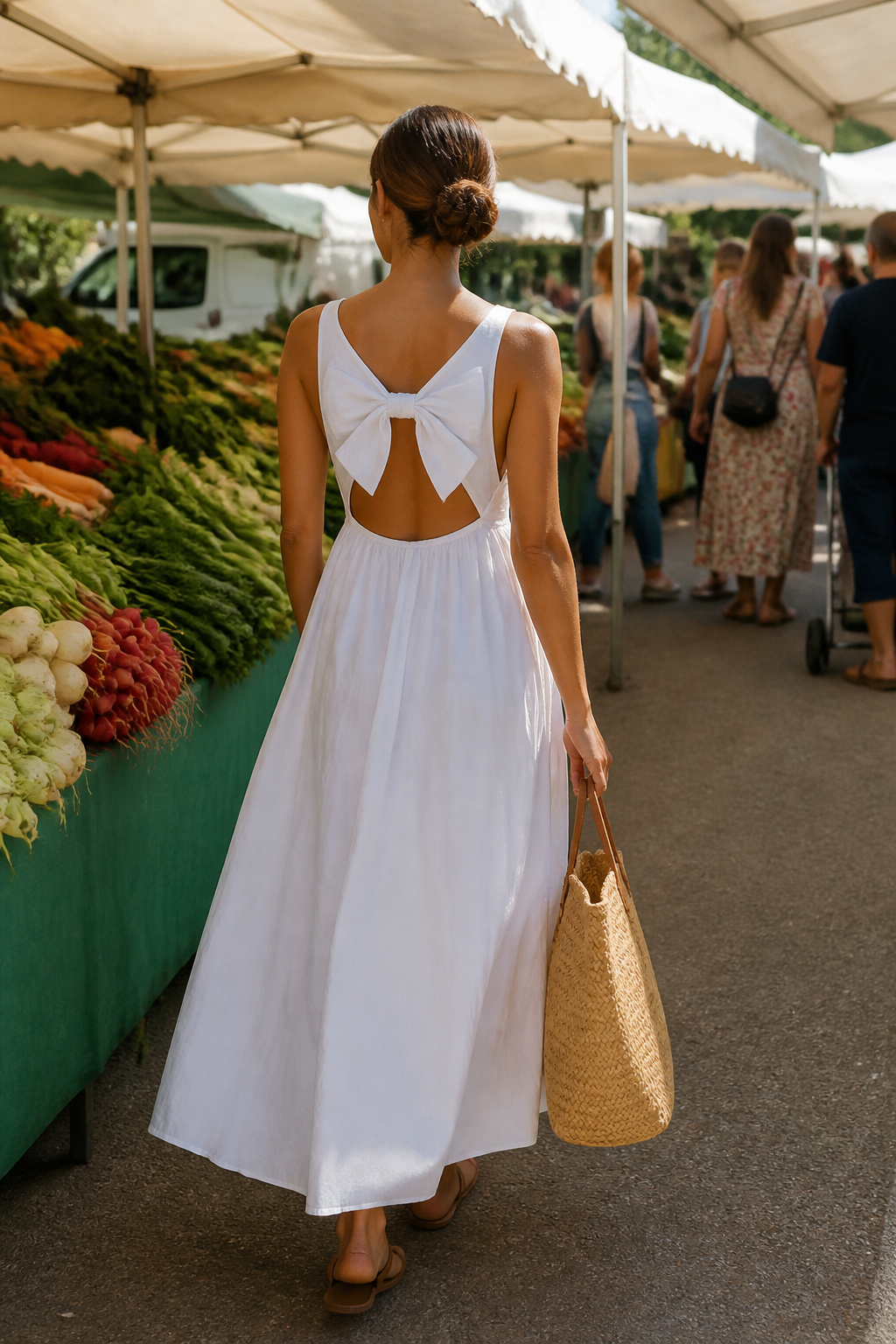 Model showcasing the Abercrombie & Fitch Bow Back Poplin Maxi Dress at a farmer's market.