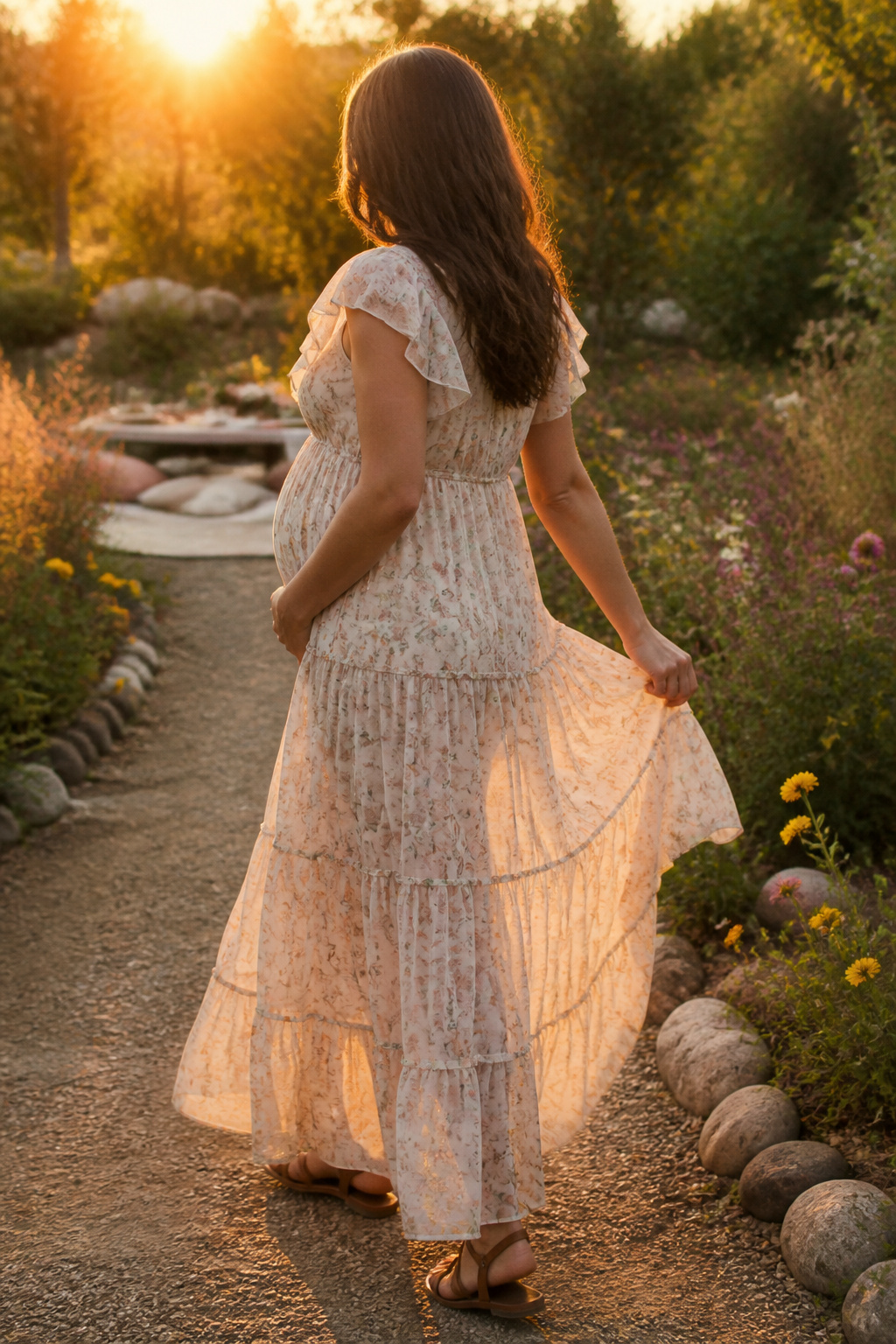 Model in the Abercrombie & Fitch Ruffle Flutter Sleeve Sheer Maxi Dress surrounded by flowers.